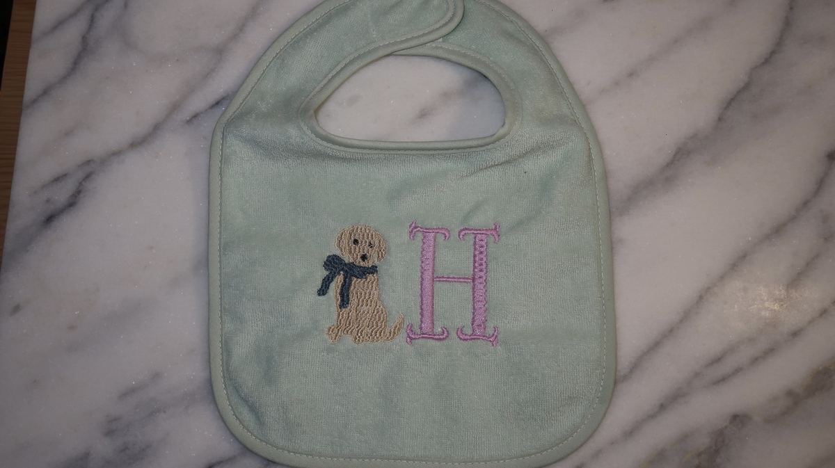 Mint bib with puppy and H monogram