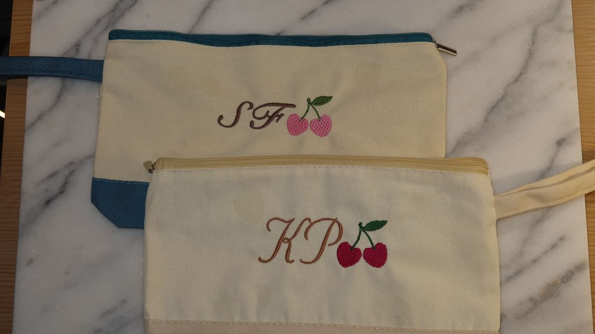 Canvas pouches with initials and cherries