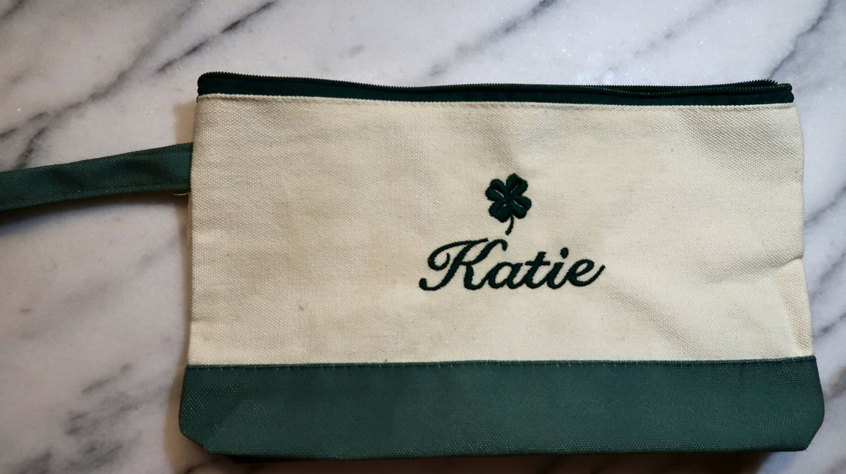 Green canvas pouch — Katie with shamrock