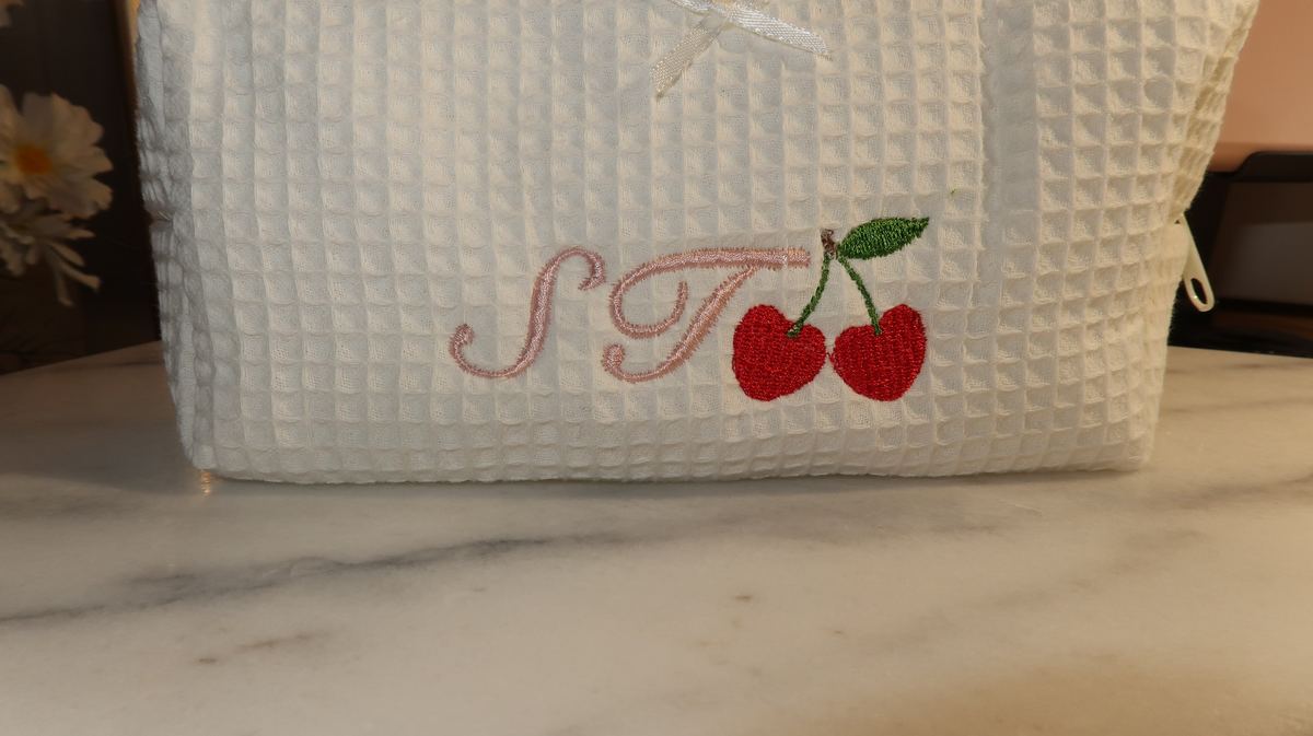 Waffle pouch — ST initials with cherries